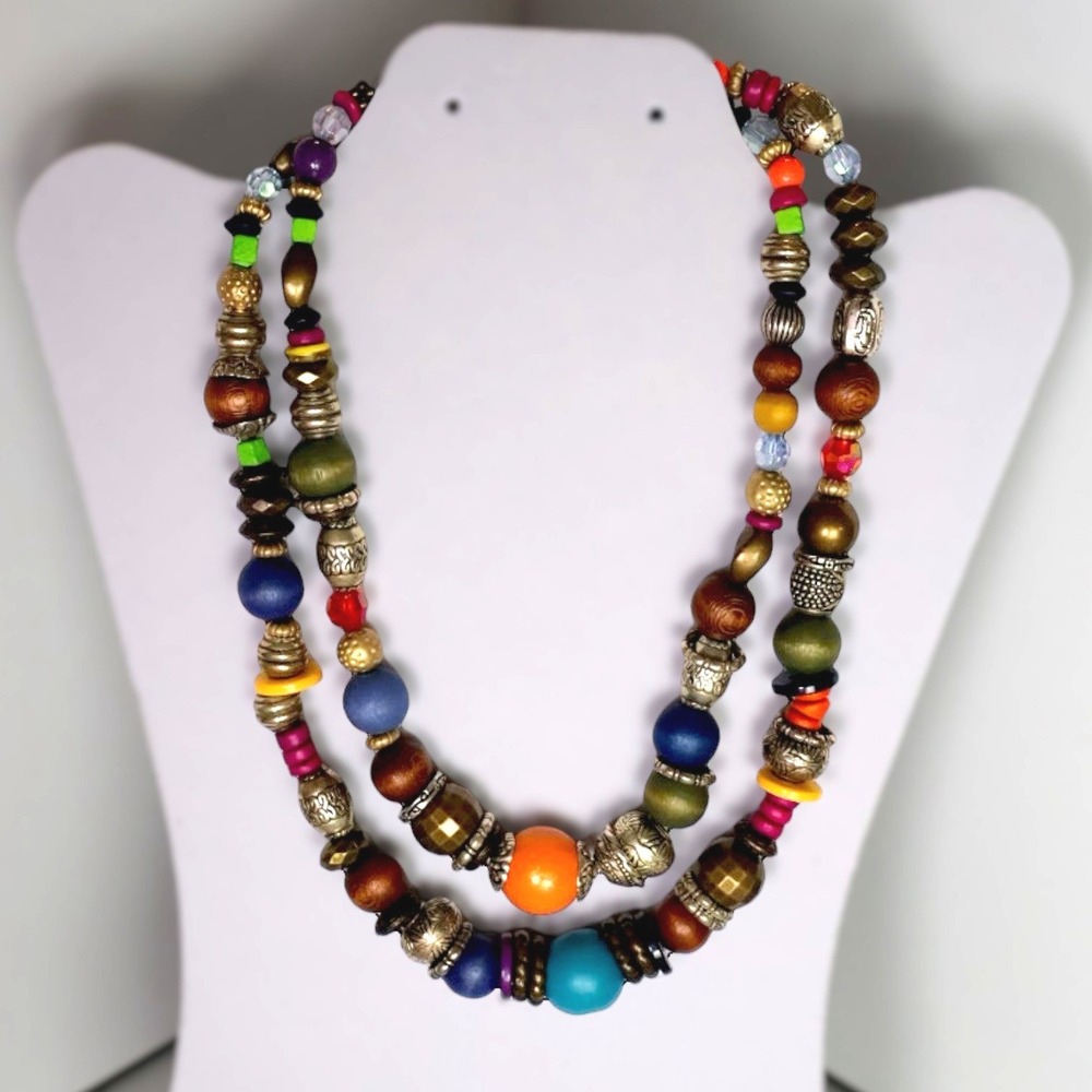 Chico's NOS Two Strand Colorful Wood Resin Glass Bead Boho Statement Necklace